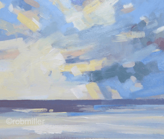A painting of a cloudy sky over a body of water.