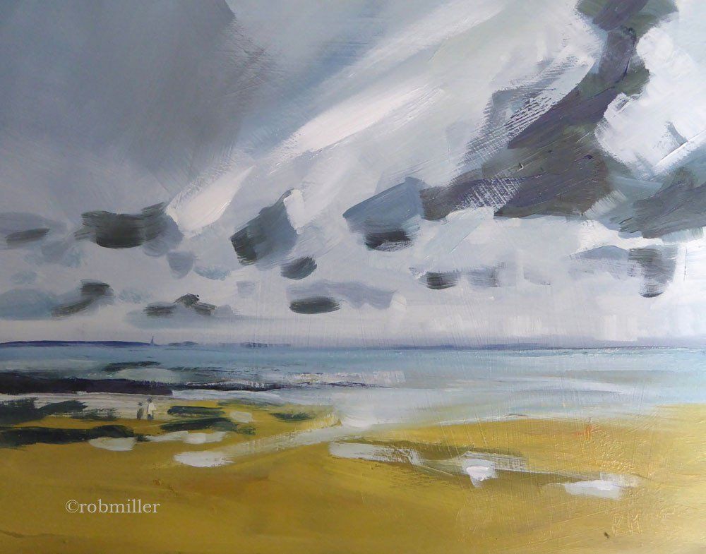 A painting of a beach with a cloudy sky in the background.