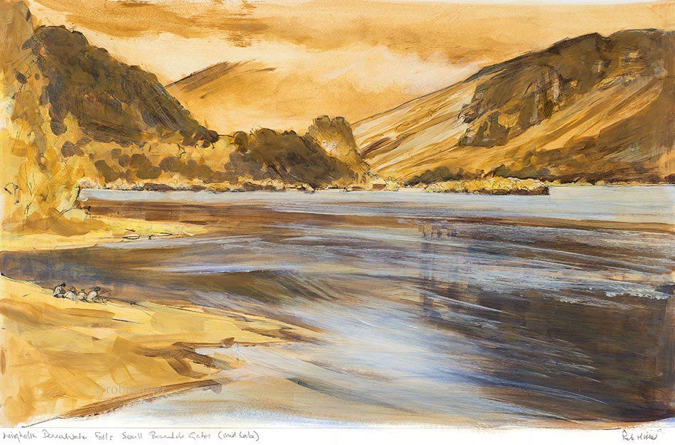 A painting of a lake with mountains in the background.