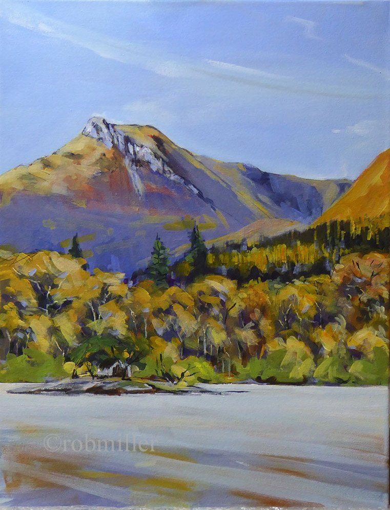 A painting of a lake with mountains in the background