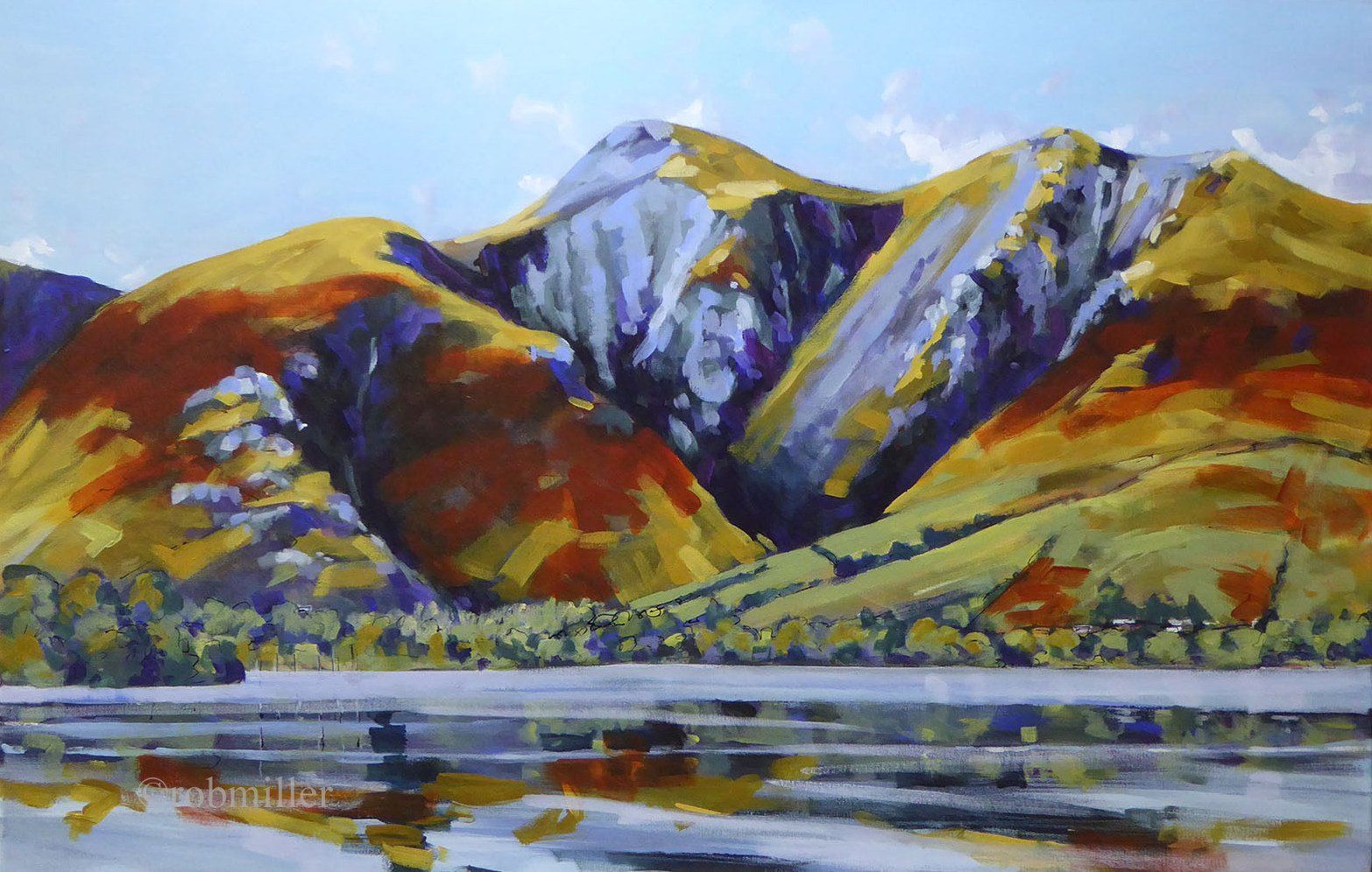 A painting of a lake with mountains in the background