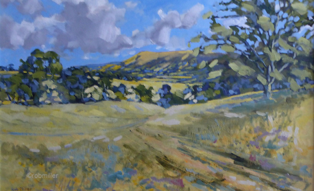 A painting of a field with trees and mountains in the background.