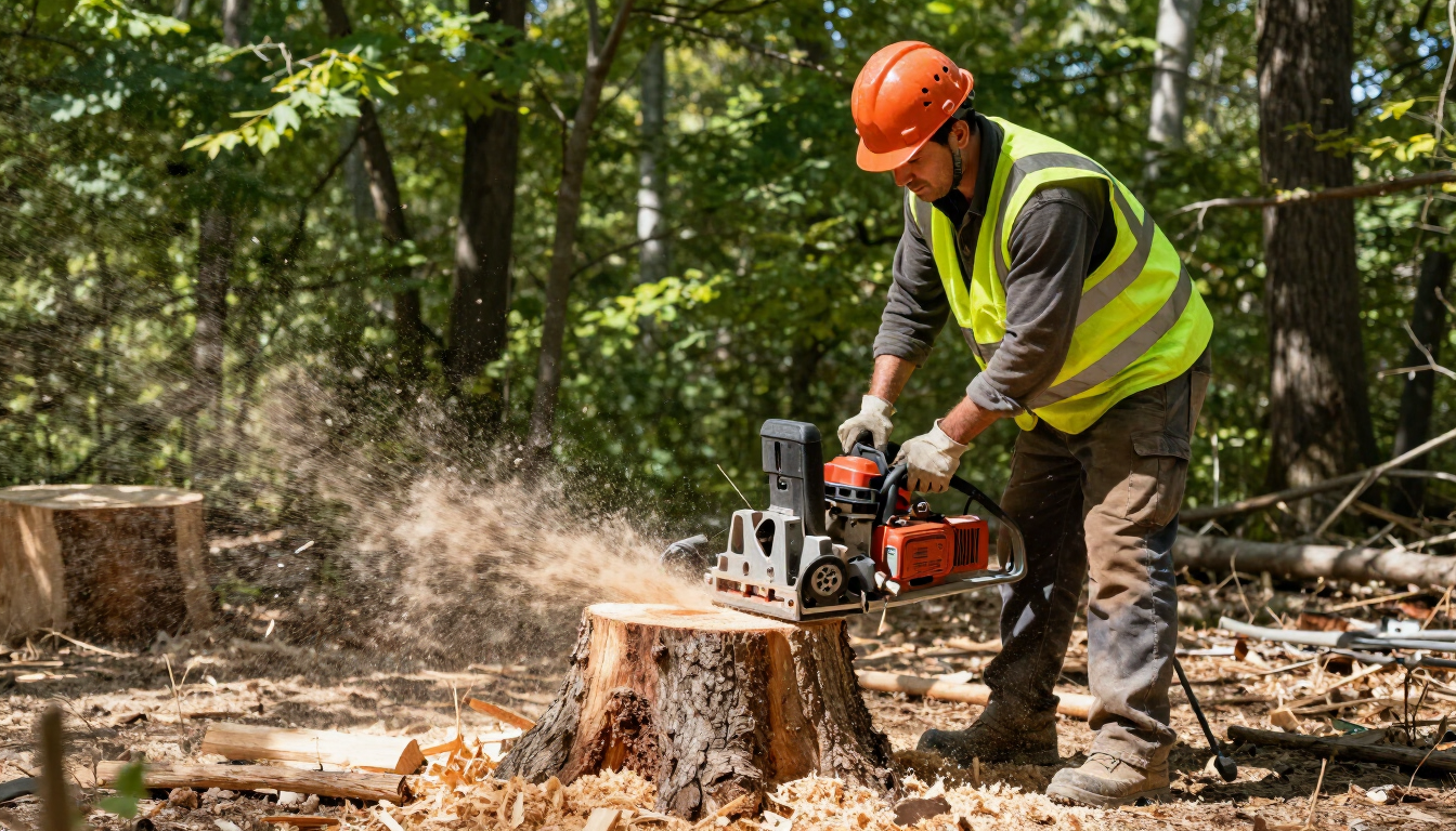 Worker grinds a tree stump with powered equipment during Tree Service in Clive, IA to clear the yard for new landscaping