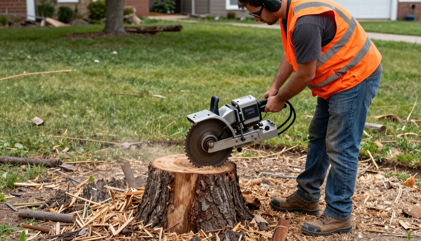 rker grinds a cut tree stump with a compact machine during Tree Service in Clive, IA to clear space for yard projects.