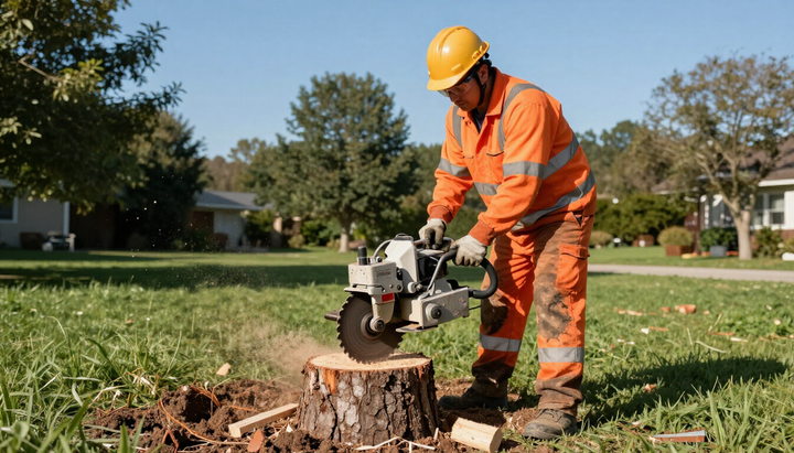 Worker grinds a tree stump in a grassy yard during Tree Service in Clive, IA to clear space for landscaping and lawn use