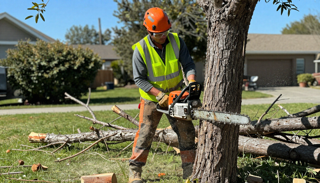 Worker cuts a large tree trunk with a chainsaw during Tree Service in Clive, IA for safer residential tree removal work.