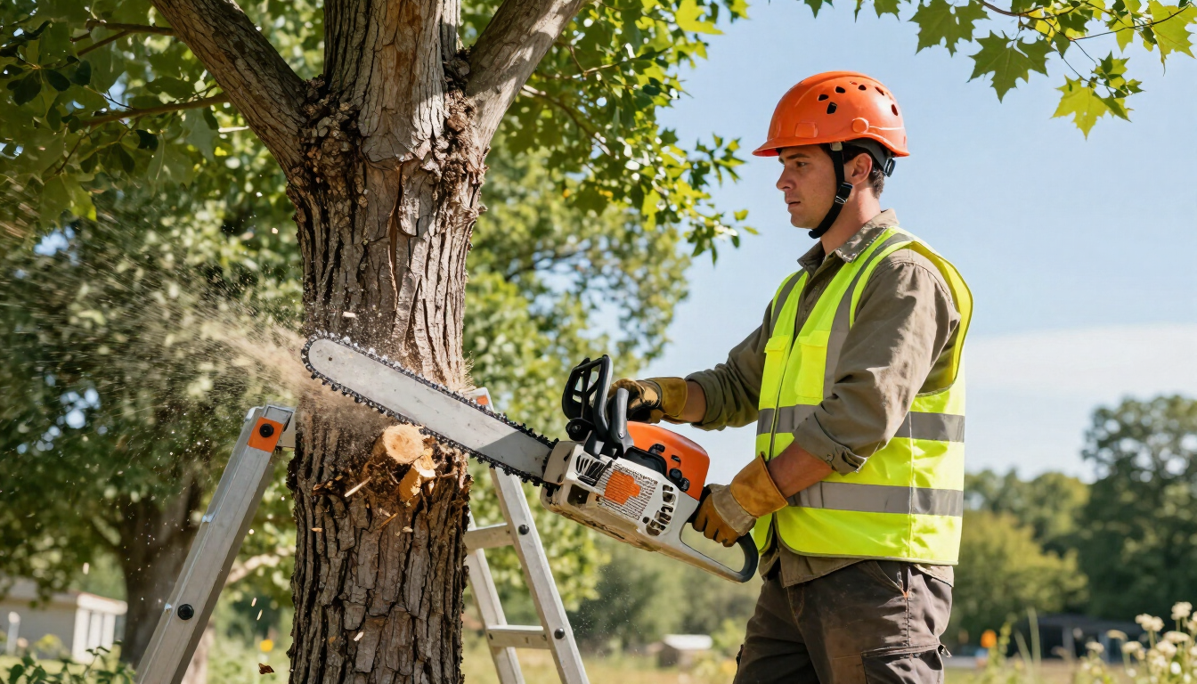 Worker slices through a thick trunk with a chainsaw during Tree Service in Clive, IA to safely remove damaged tree wood.