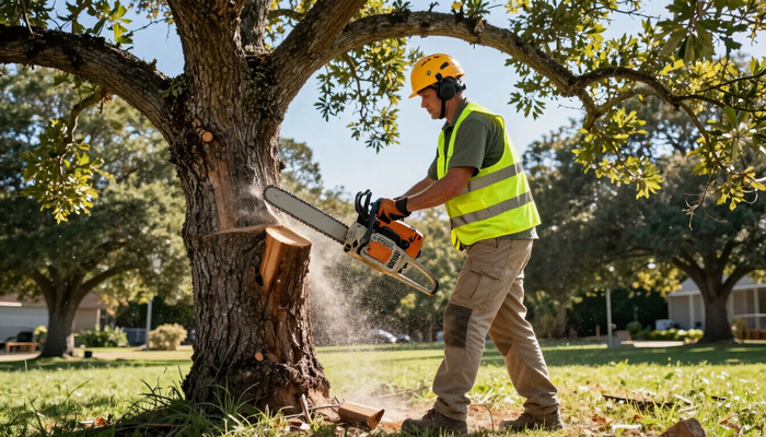 Worker cuts a thick tree trunk with a chainsaw during Tree Service in Clive, IA for controlled removal and yard cleanup.