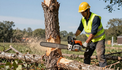 Worker cuts into a thick tree trunk with a chainsaw during Tree Service in Clive, IA for controlled removal and cleanup.