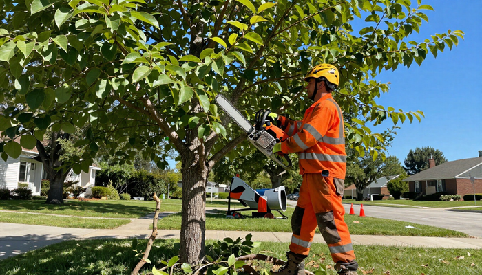 Worker trims leafy branches with a pole saw during Tree Service in Clive, IA to improve tree's shape and yard clearance.