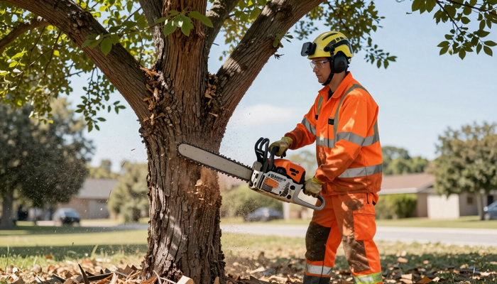 Worker uses a chainsaw beside a mature tree during Tree Service in Clive, IA for controlled branch cutting and tree care