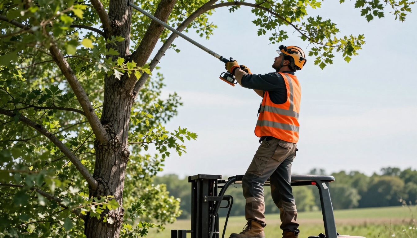 Worker trims overhead branches with a pole saw during Tree Service in Clive, IA to improve clearance and canopy's shape.
