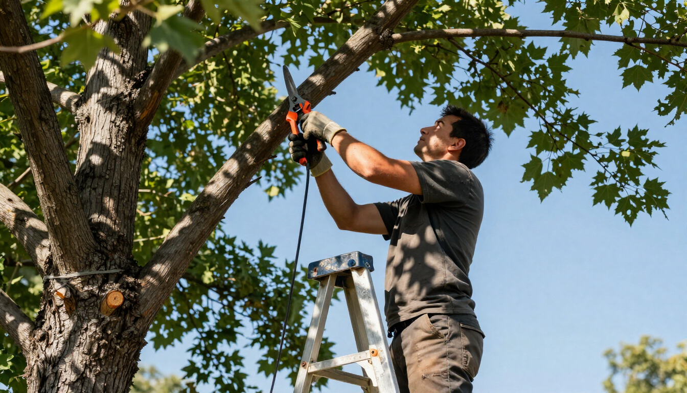 Worker trims branches from a ladder during Tree Service in Clive, IA to improve canopy clearance and healthy tree growth