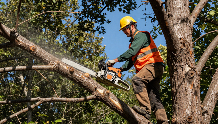 Worker cuts a large fallen limb with a chainsaw during Tree Service in Clive, IA for careful branch removal and cleanup.