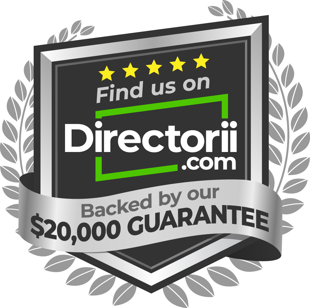 A badge that says `` find us on directorii.com backed by our $ 20,000 guarantee ''