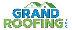 A blue and green logo for grand roofing nc