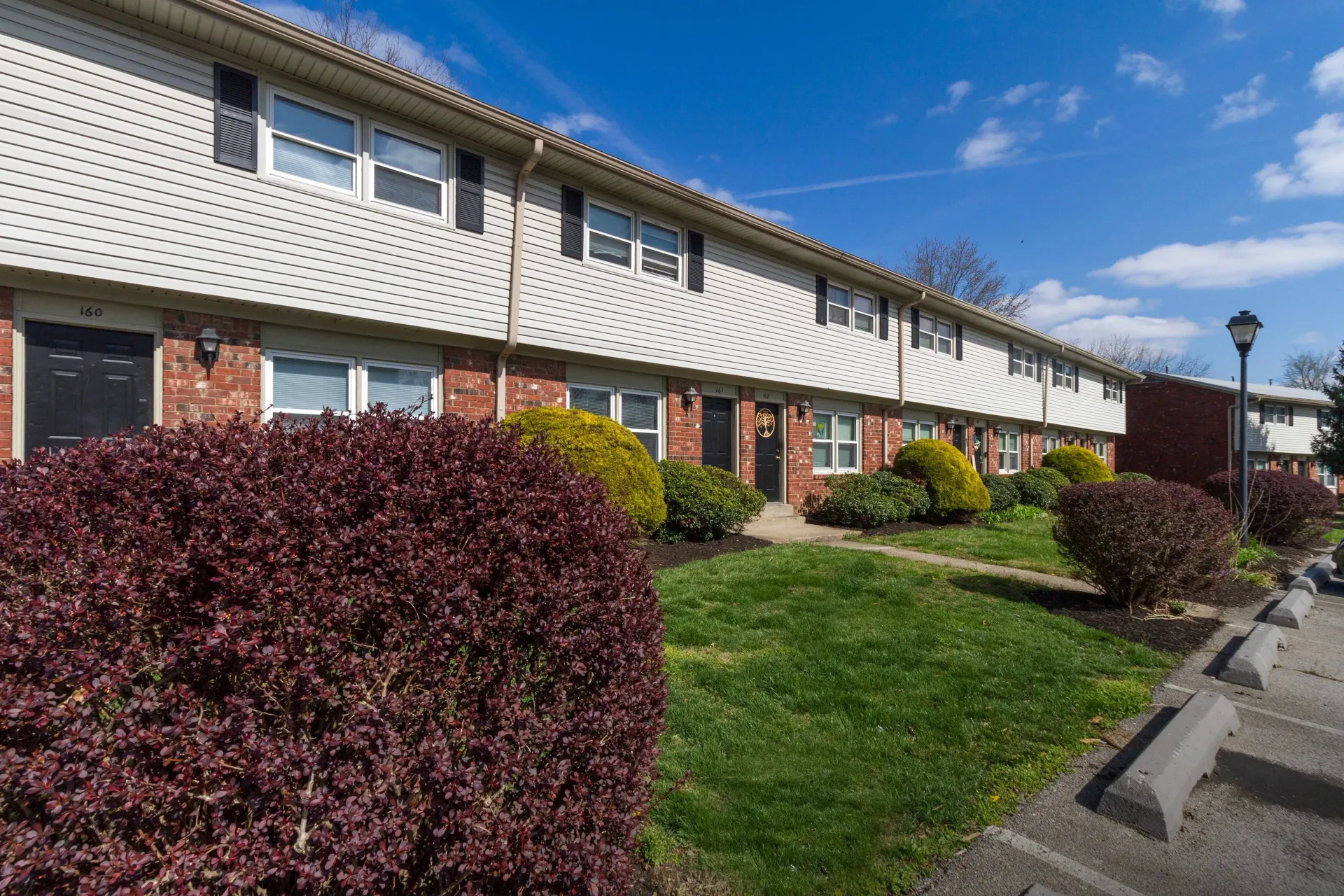 Row of brick townhouses with white paneling and shrubs.