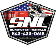 SNL Dumpster Rentals logo with red dumpster, blue stars, excavator, phone number 843-433-0618