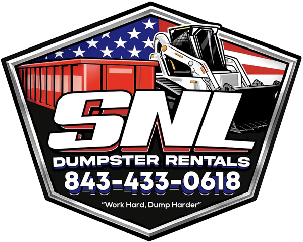 SNL Dumpster Rentals logo with red dumpster, blue stars, excavator, phone number 843-433-0618