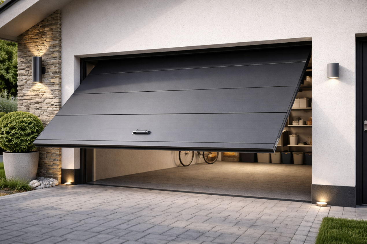 Porta in legno marrone socchiusa in un ingresso con pareti bianche; consolle decorativa con specchio e tappeto.