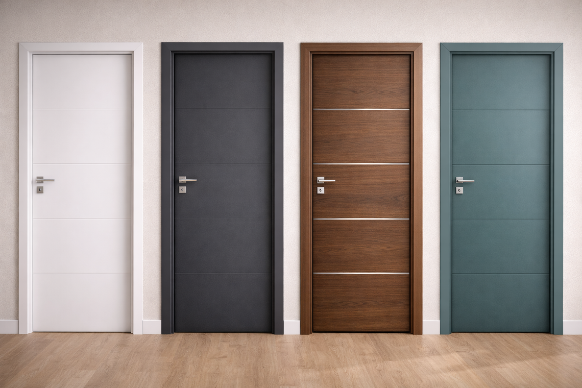 Quattro porte interne: bianca, grigio scuro, effetto legno e verde acqua, inserite in una stanza con pavimento in legno.
