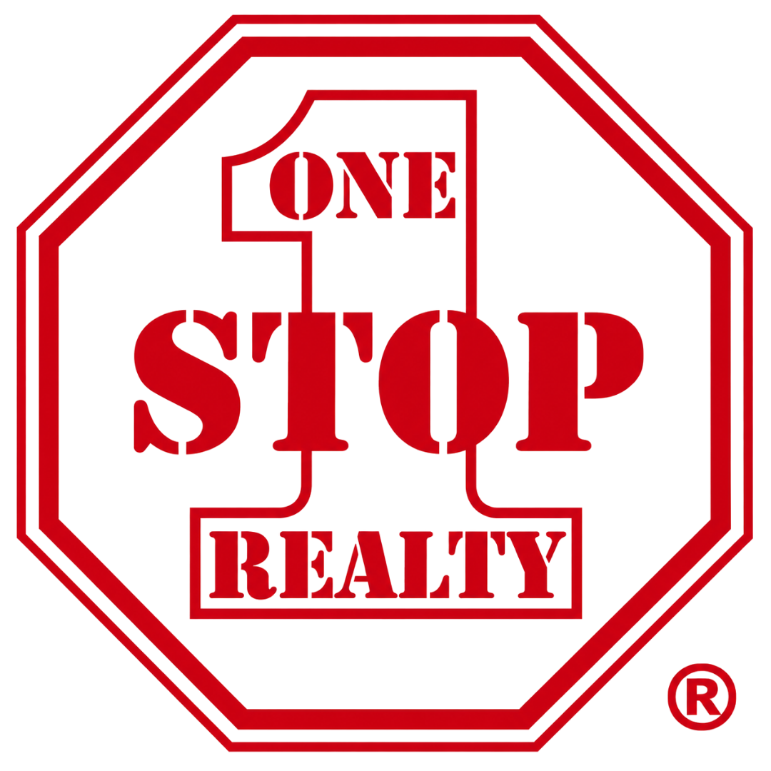 Red and white One Stop Realty logo in an octagonal sign design.