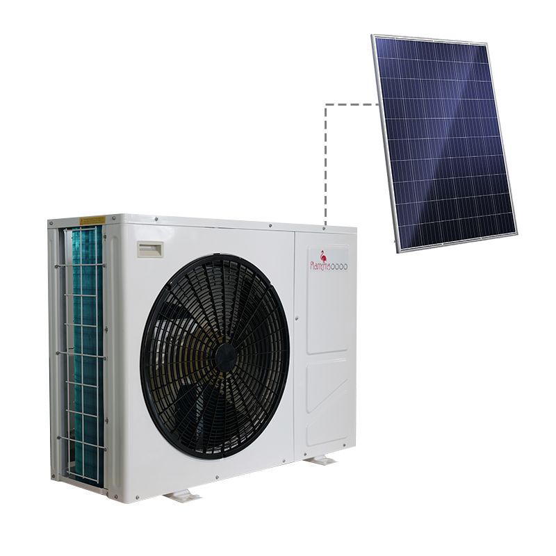 A white air conditioner with a solar panel attached to it.
