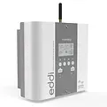 White and gray Eddi solar power diverter with an antenna and LCD screen, mounted on a wall.