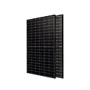 Two black solar panels, angled, against a white background.