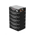Stack of black computer server units.