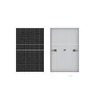 Solar panel, front and back views. Black grid of cells on front, white back with connectors.