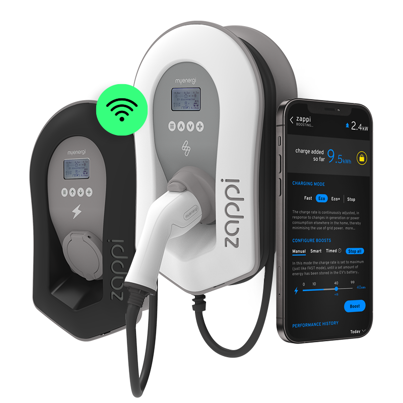 A black and white zappi charging station with a cell phone next to it.
