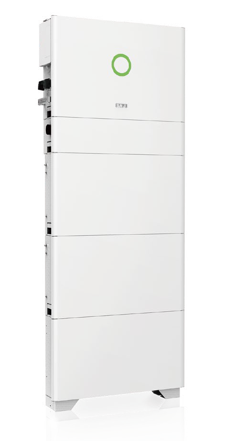 White, rectangular residential energy storage unit with a green power indicator light.