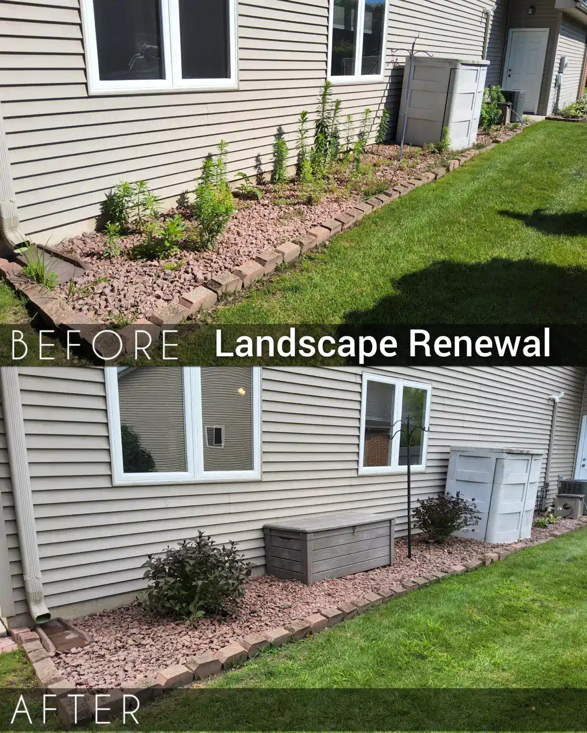 Before-and-after view of house landscaping renewal with trimmed shrubs and stone border along the foundation
