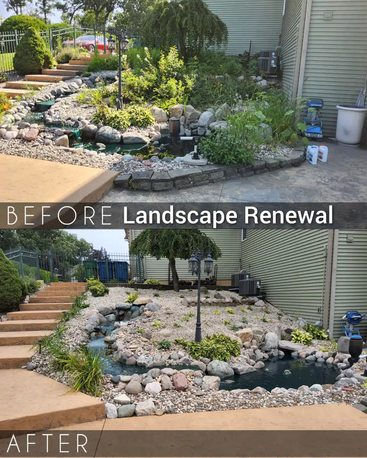 Before-and-after landscape renewal with a new stone pond, plants, and steps in a yard.