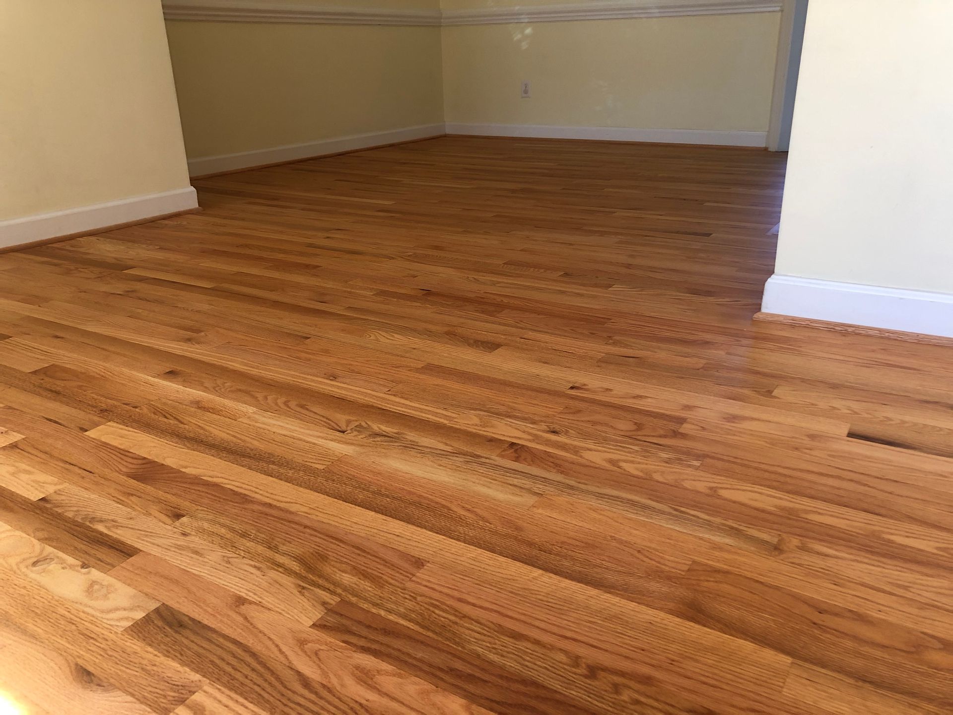 Natural oil finish hardwood floor in an empty room in Chapel Hill with light yellow walls and white baseboards.