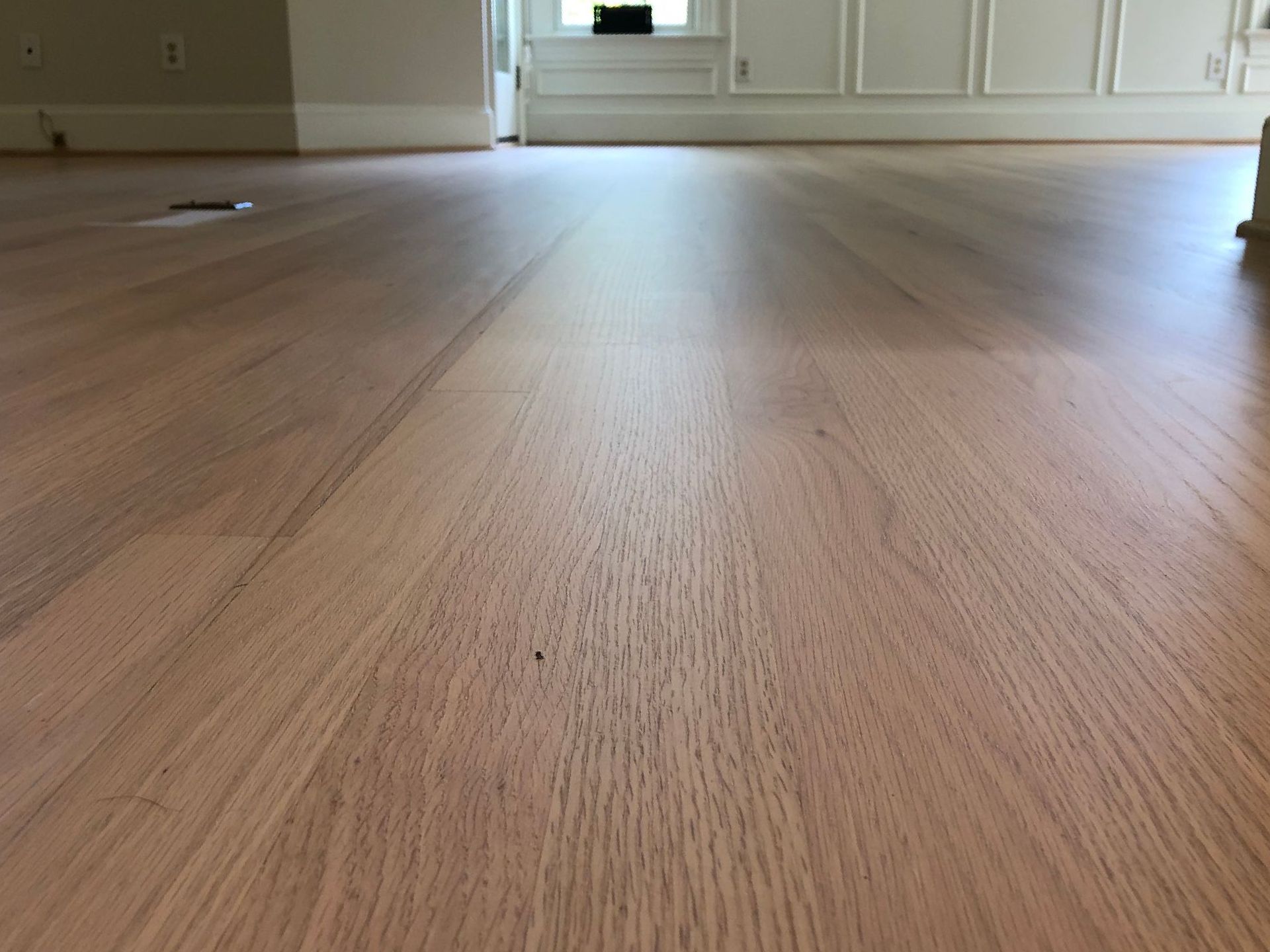 Light-colored wooden floor in a room, with sunlight reflecting on its surface.