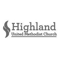 Logo for Highland United Methodist Church: gray stylized flame beside text.