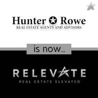 Hunter Rowe logo transitions to Relevate Real Estate logo. White, gray, and black color scheme.