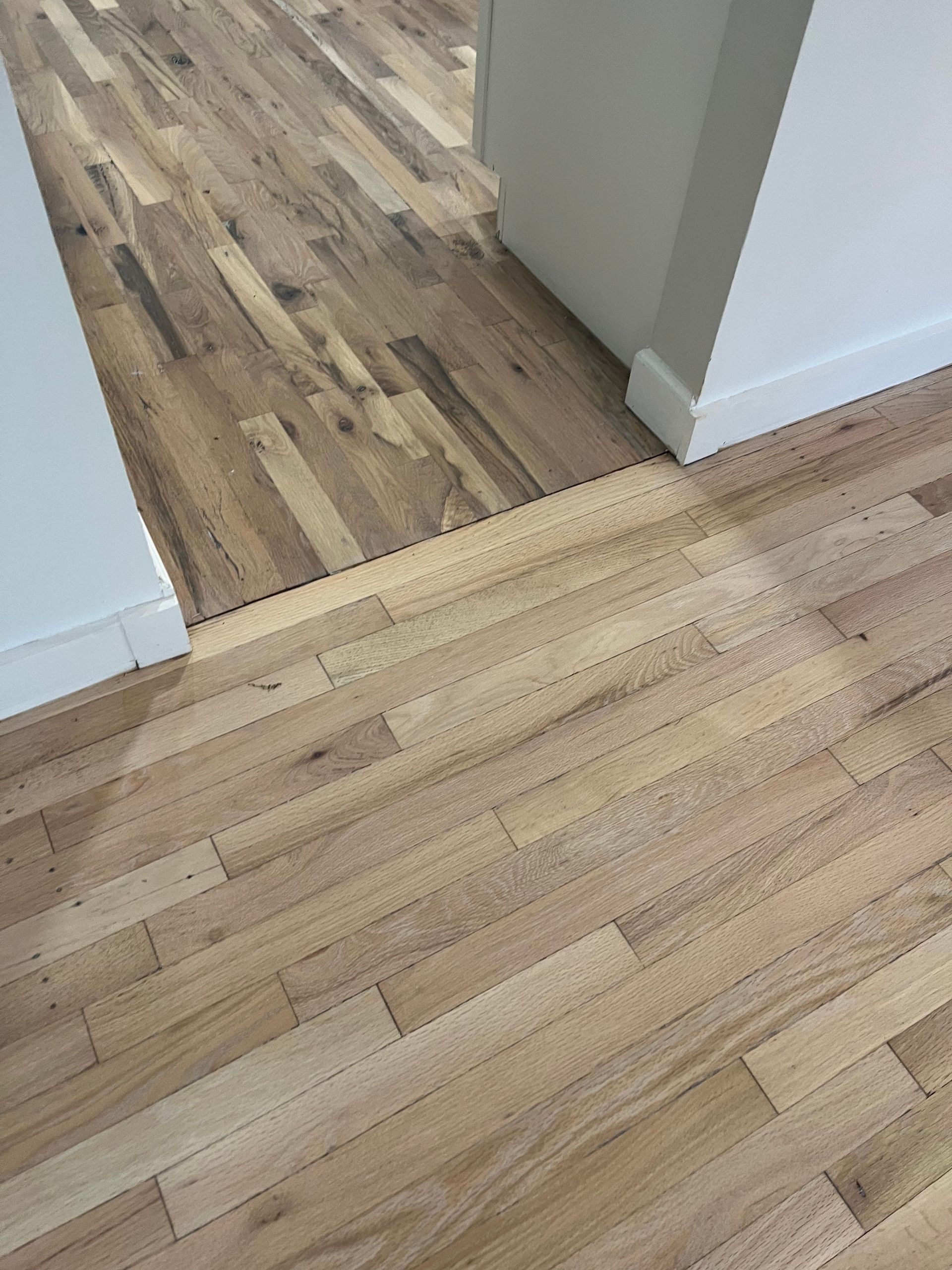 Hardwood floors with a transition to a different wood type inside a doorway.