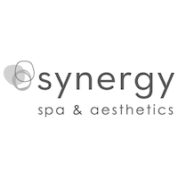 Logo for Synergy Spa & Aesthetics: gray text, abstract circle design.