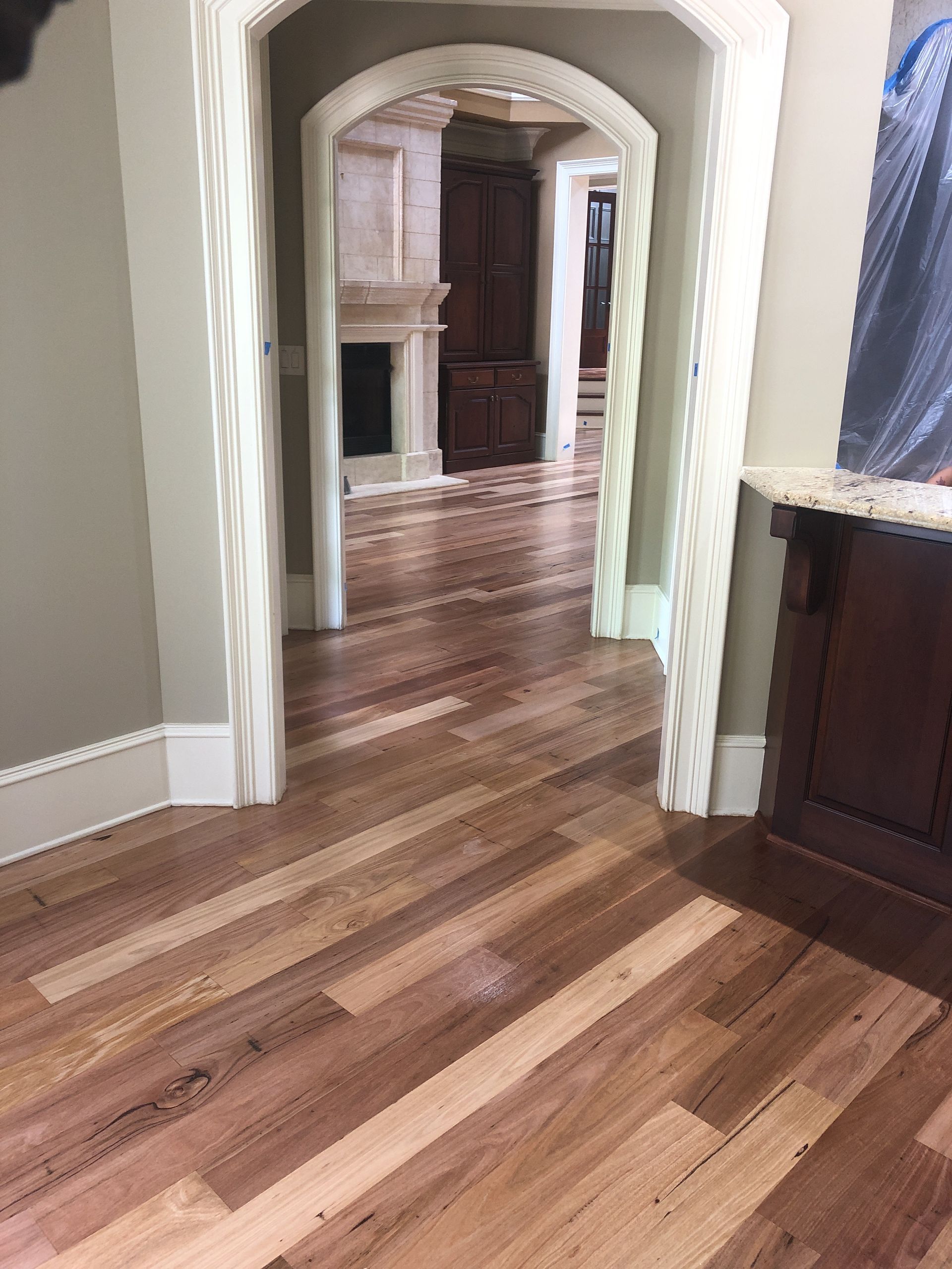 Hardwood floor transitions into an arched doorway, leading to a fireplace and dark cabinets.