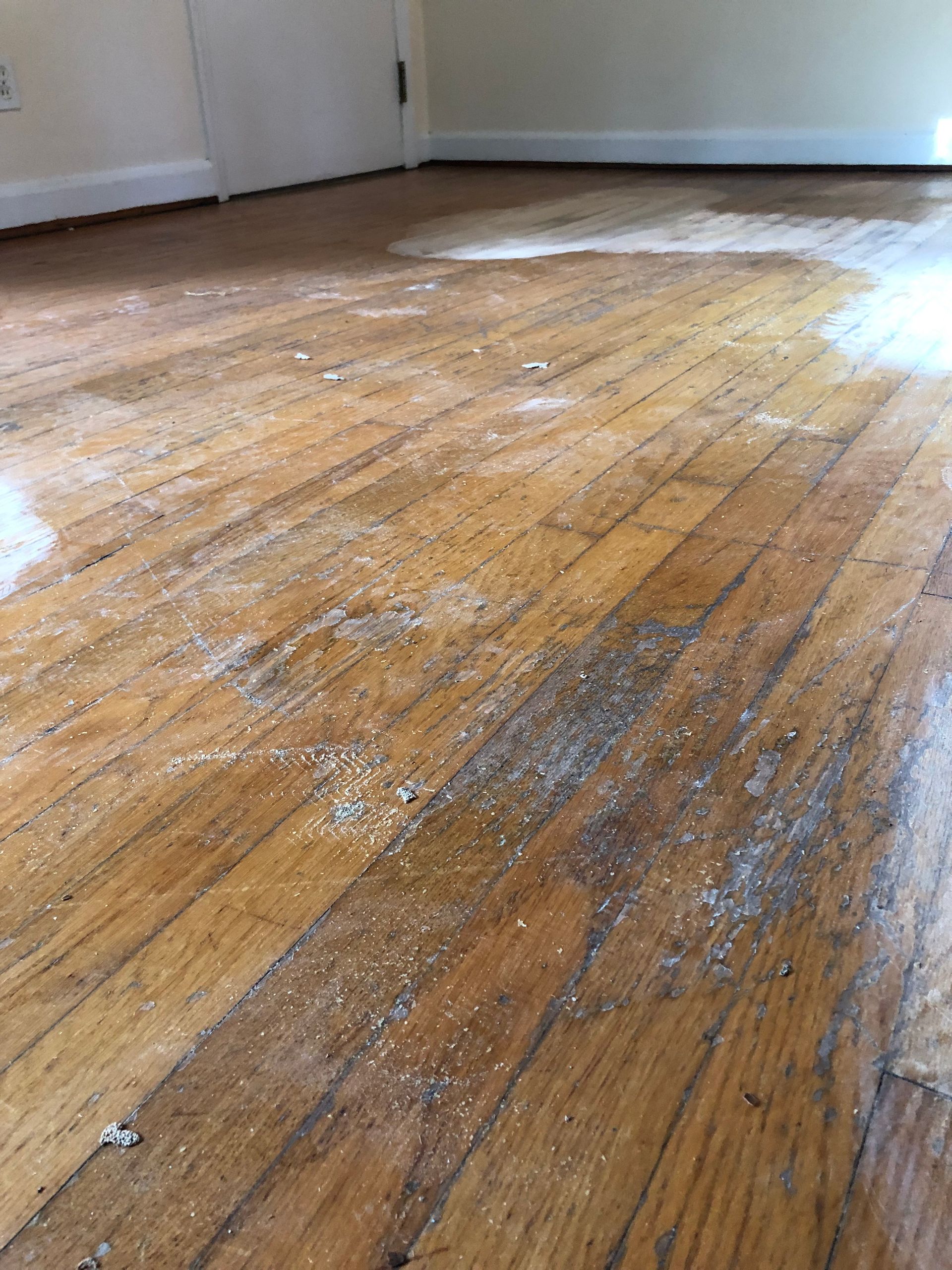A worn and soiled wooden floor ready for sand and refinishing.
