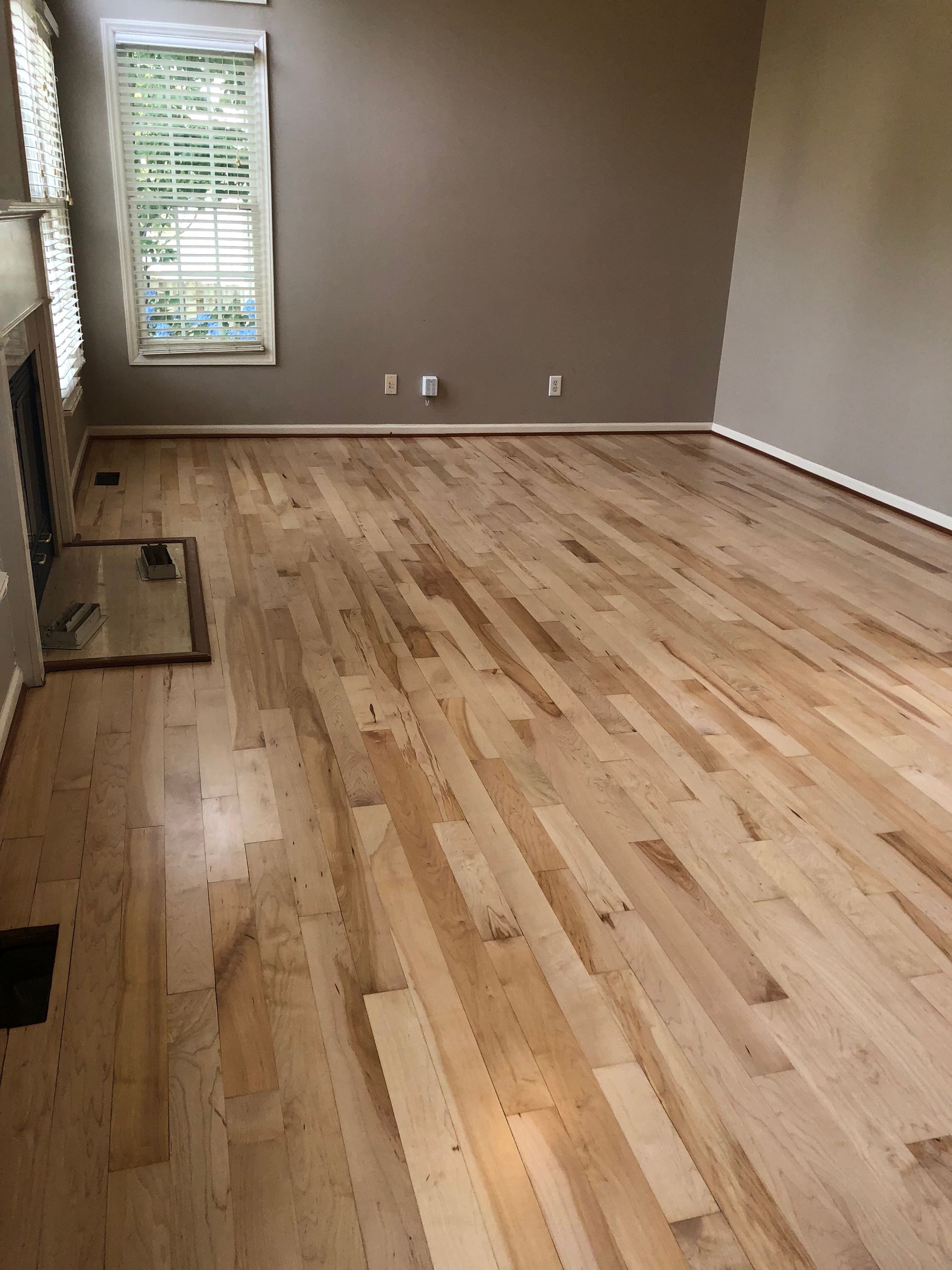 Empty room with light wood floors, tan walls, window, and fireplace.