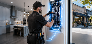 Electrician repairing a glowing breaker panel inside a modern home near a storefront window