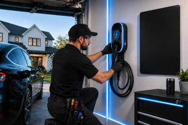Technician charging an electric motorcycle in a modern garage with blue accent lighting