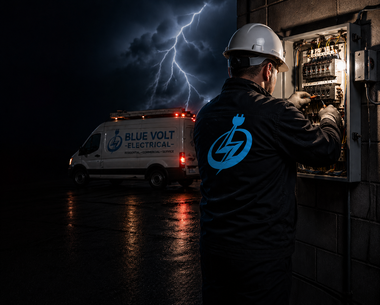 Electrician in hard hat works on a panel during a storm; utility van with blue logo and lightning in background