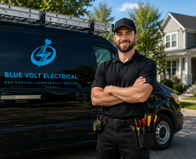 Electrician standing before a black Blue Volt Electrical van, arms crossed, in a suburban driveway.