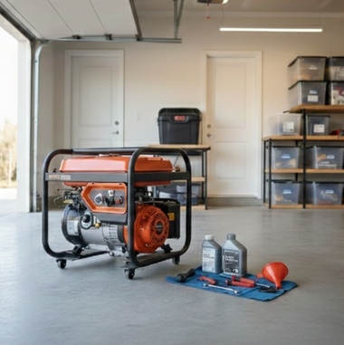 Portable generator in a garage with gas cans, funnel, and tools on a mat