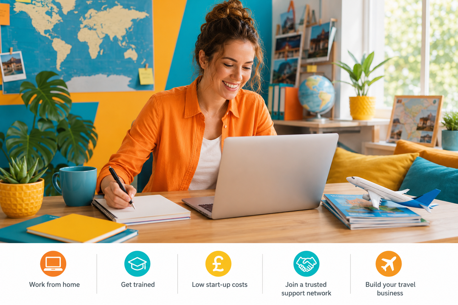 An Independent Travel Agent writing at a desk with a laptop, notebooks, plants, and a world map in a bright home office.